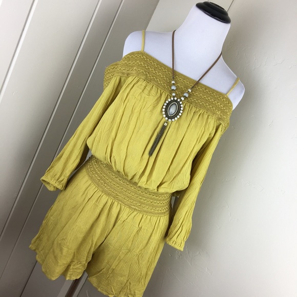 Gold yellow one piece boho off the shoulder romper - Picture 4 of 8