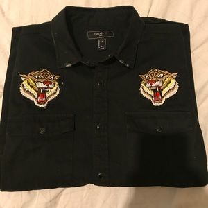 Long sleeve button up with tiger patches
