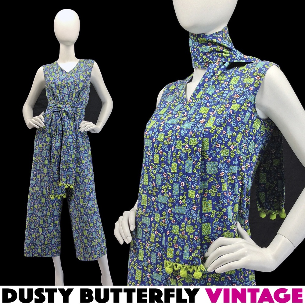 SOLD! VINTAGE 70s JUMPSUIT w/ SCARF Sleeveless CAL