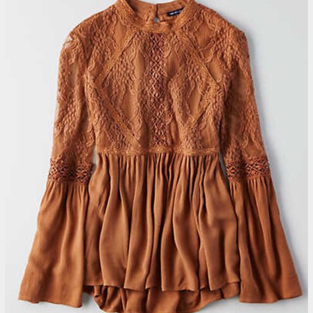 AE Hi-Neck Mesh Lace Top L Brown