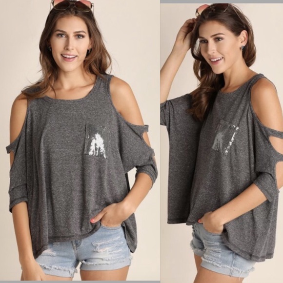 CHARCOAL COLD SHOULDER TOP - Picture 3 of 3