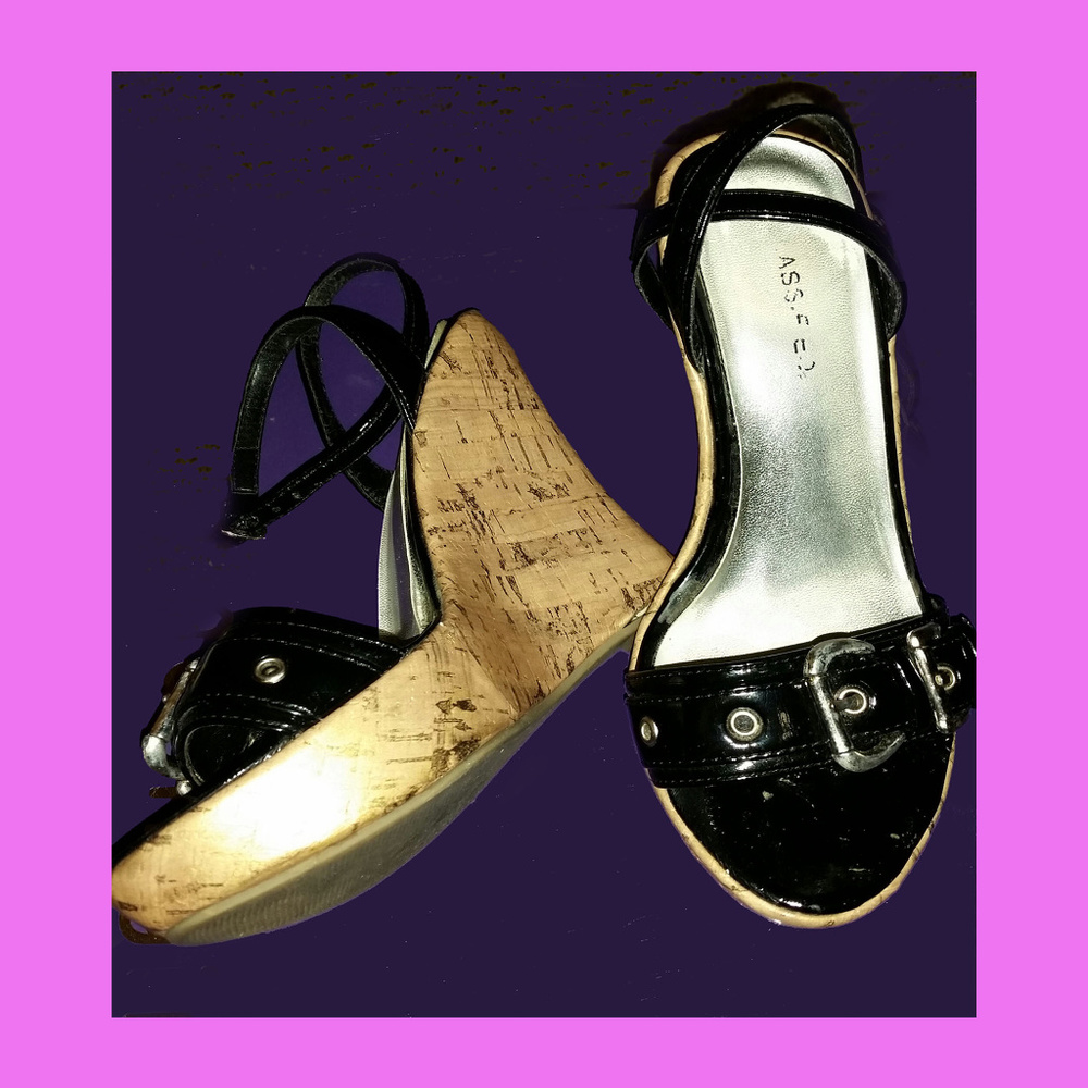 Black Strappy Platform Wedge Heels