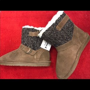 Gray and tan half knit bearpaw boots