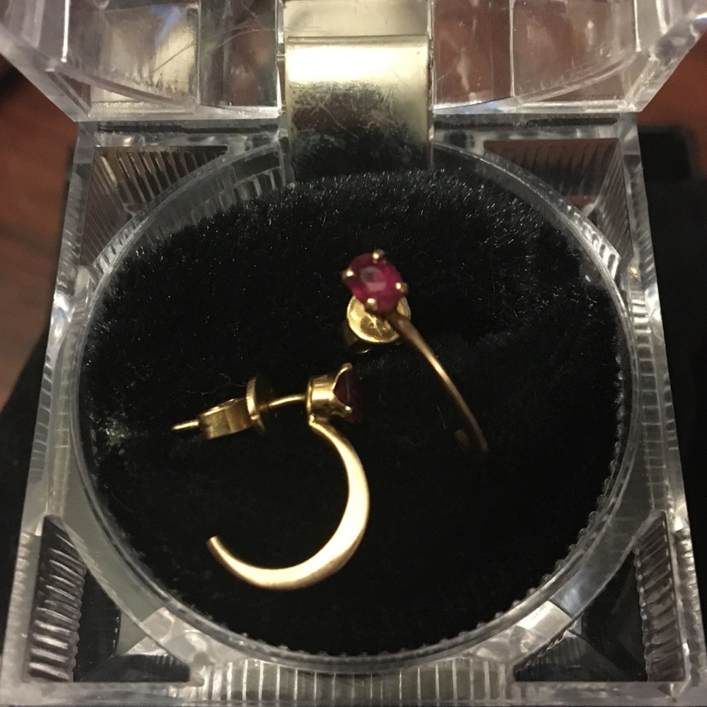18K yellow gold garnet half hoop earrings