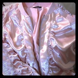 Bebe shiny pink ruffle bomber