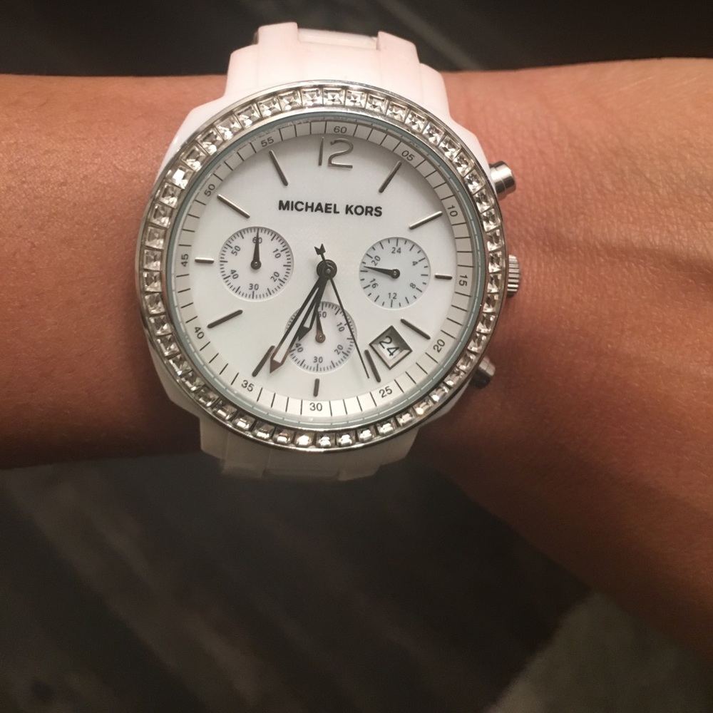 White Michael Kors Watch With Rhinestone Face