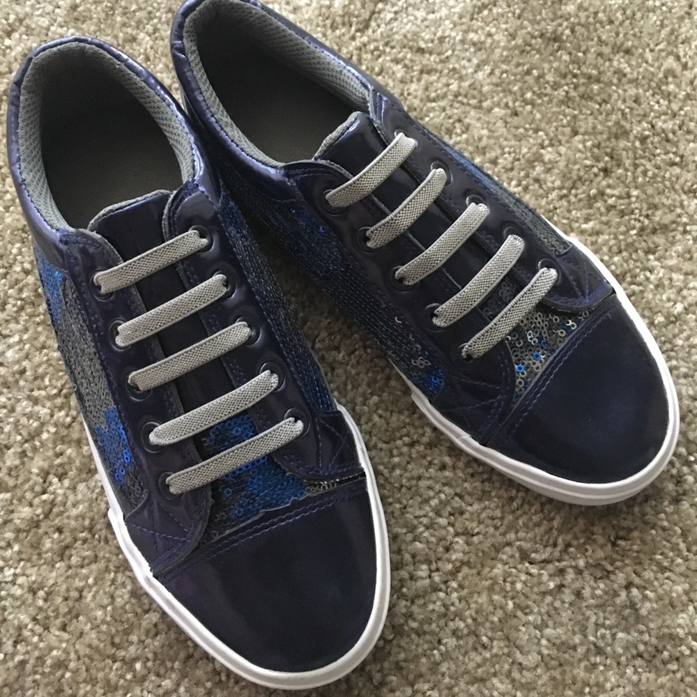 Navy blue sequined slip ons