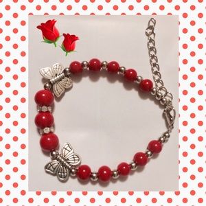 🌹NEW SILVER & RED BEAD Butterfly Bracelet