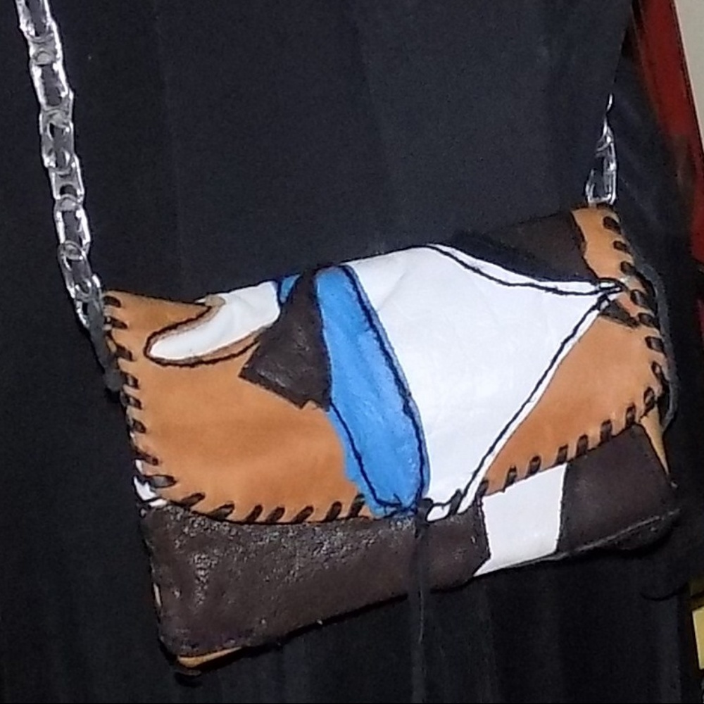 MakeUp Bag in tan, blue, black, white & brown