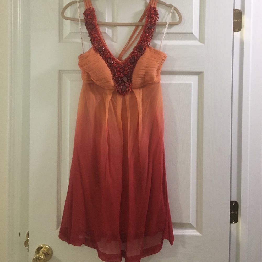Sue Wong coral beaded silk dress