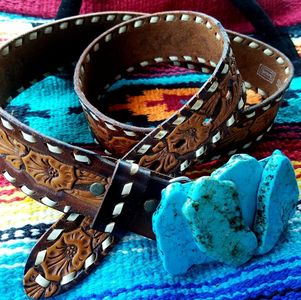 💥SOLD💥Vintage Western Belt Turquoise Slab Buckle