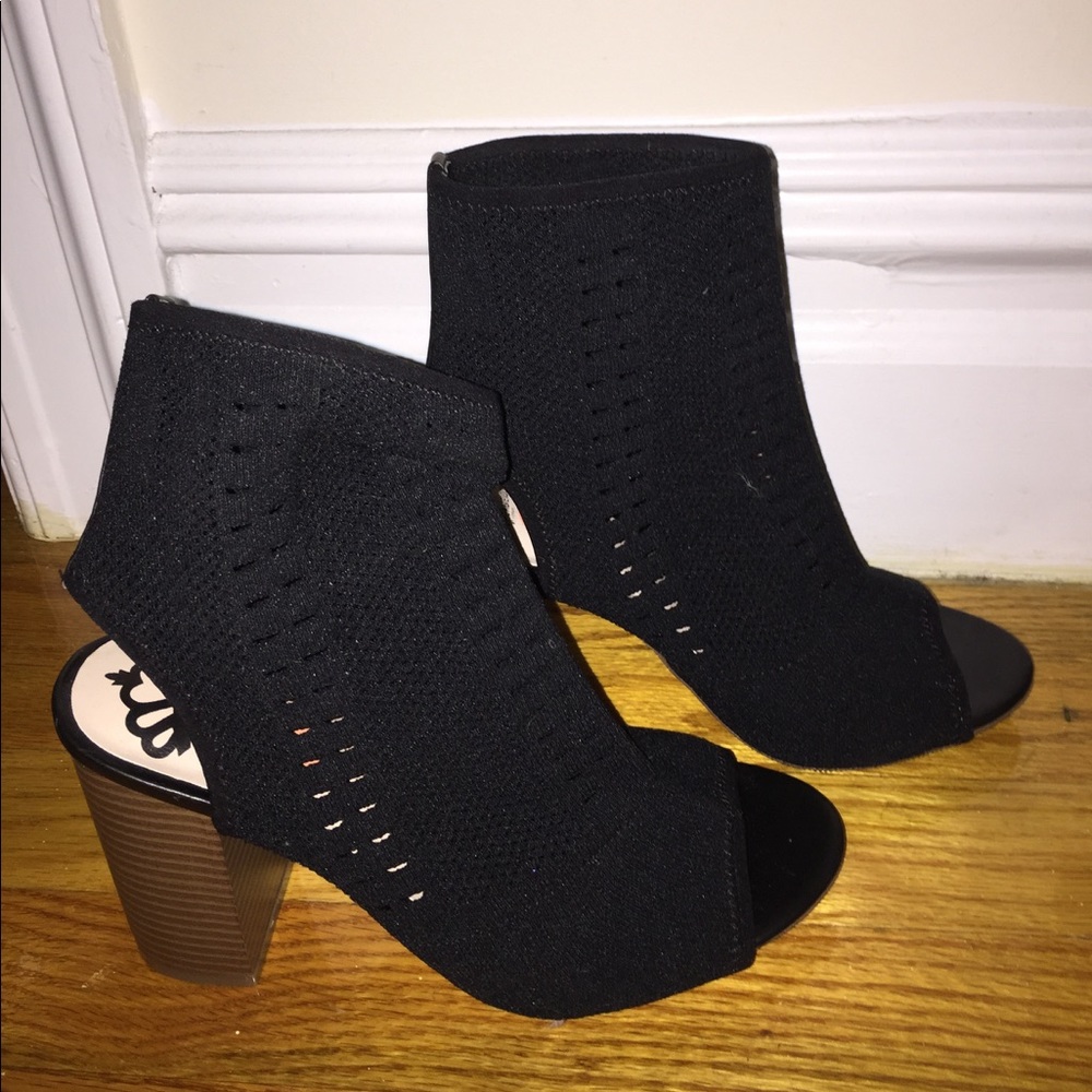 PERFORATED black peep toe sock booties Block heel