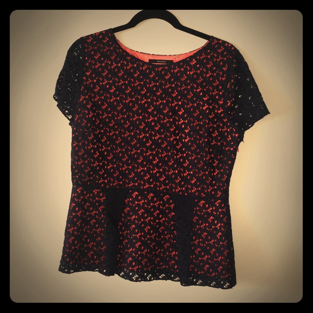 Navy blue lace with orange silk peplum top.