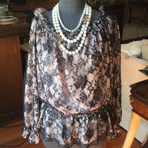 Victor Costa XL Black Lace over Nude Blouse, Flowy