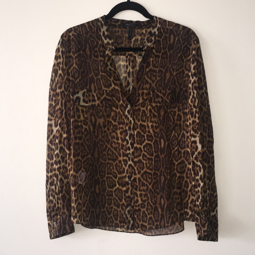 BCBGMAXAZRIA sheer leopard button down top.