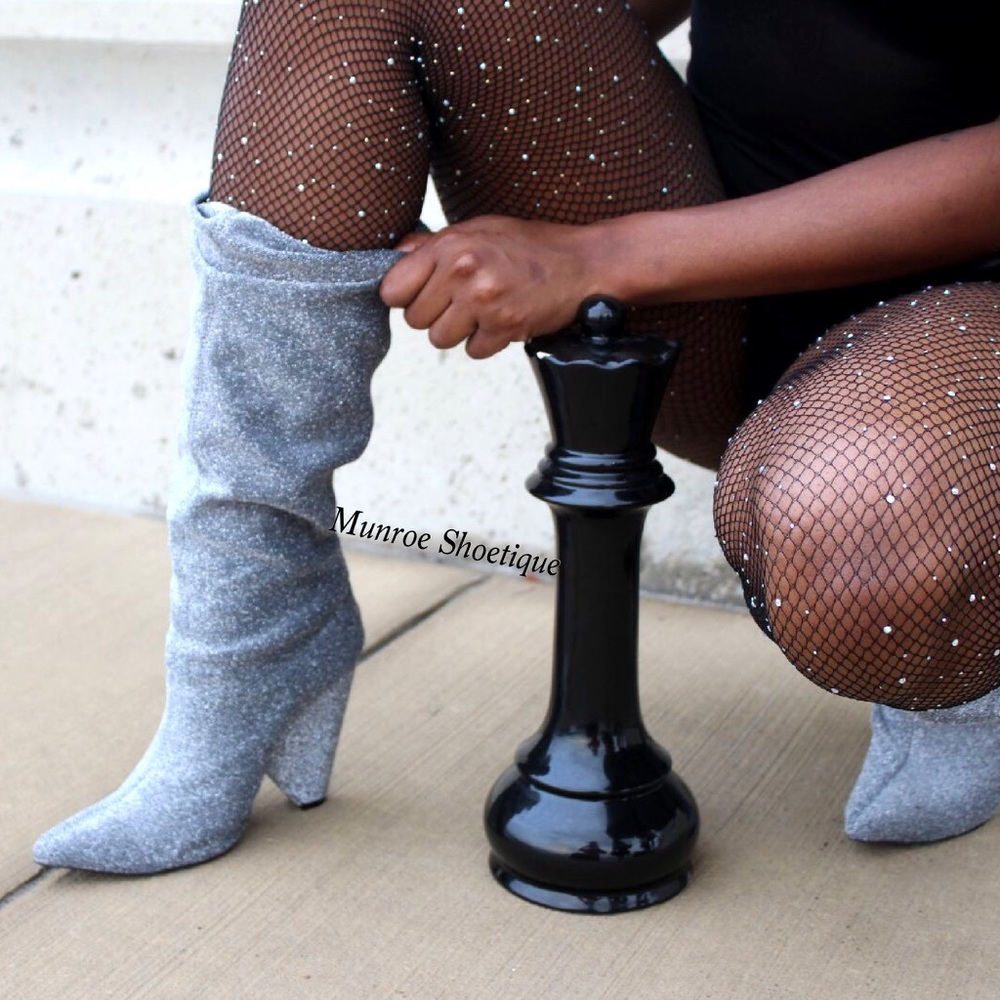 Silver Shimmering Slouch Cone Heel Boots