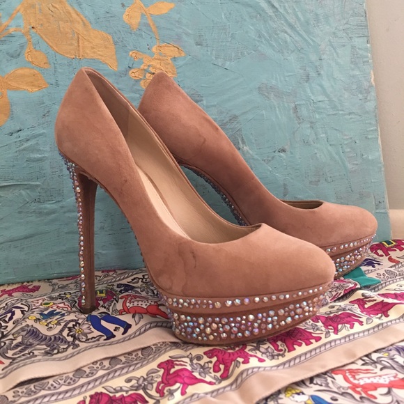 Brian Atwood Nuede Suede Crystal Embellished Pumps - Picture 1 of 3