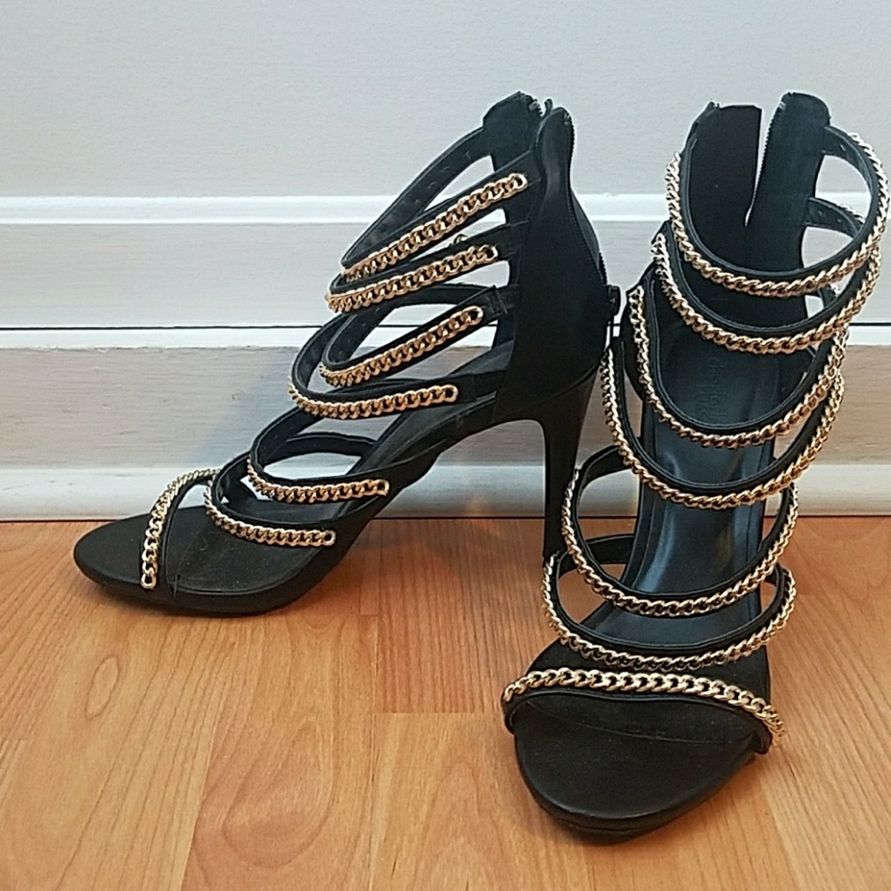 Scrappy gold and black heeled sandals