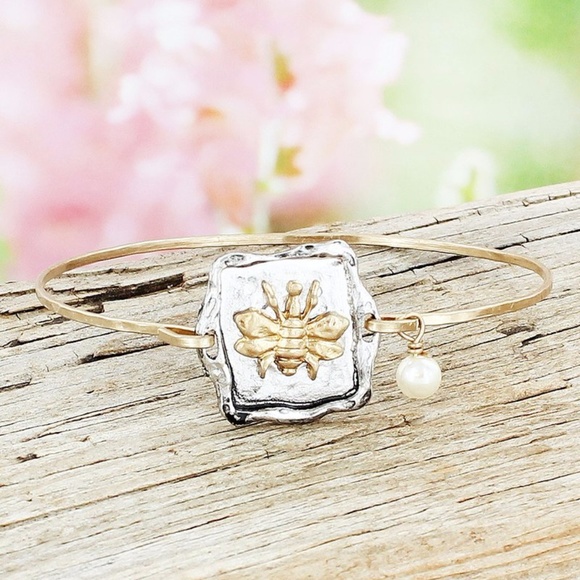Jewelry - Two-Tone Bee Bangle with Pearl Charm