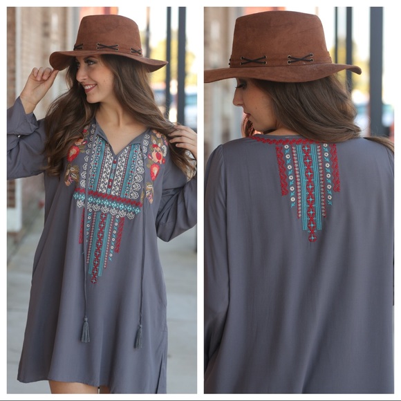 ✨LAST ONE✨Charcoal embroidered tassel tunic dress - Picture 2 of 8