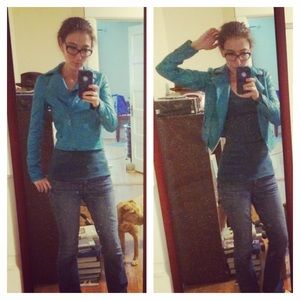 Teal faux leather moto jacket