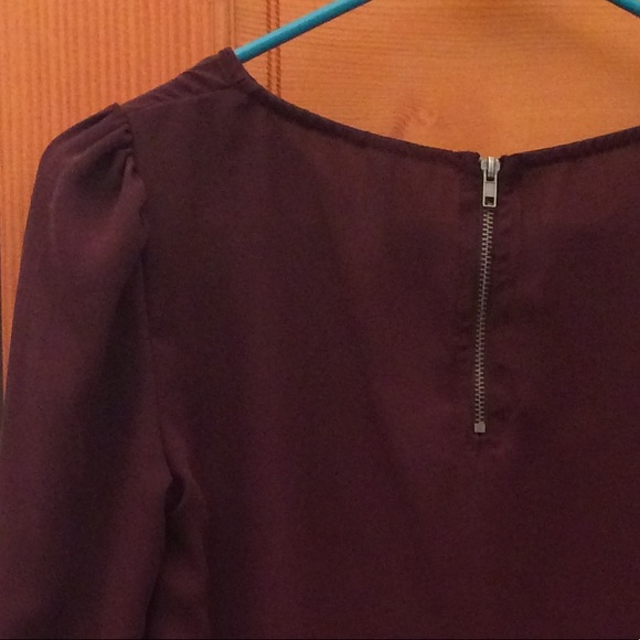 Zipper Back Wine Colored Long Sleeve Blouse - Picture 5 of 8
