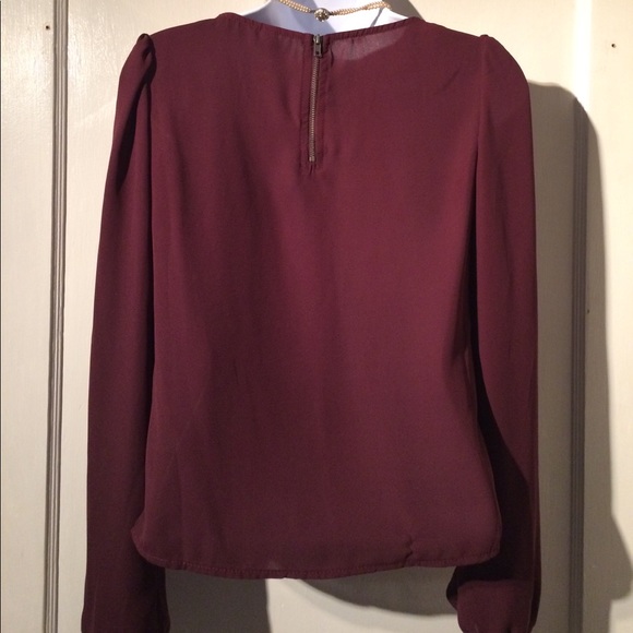 Zipper Back Wine Colored Long Sleeve Blouse - Picture 2 of 8