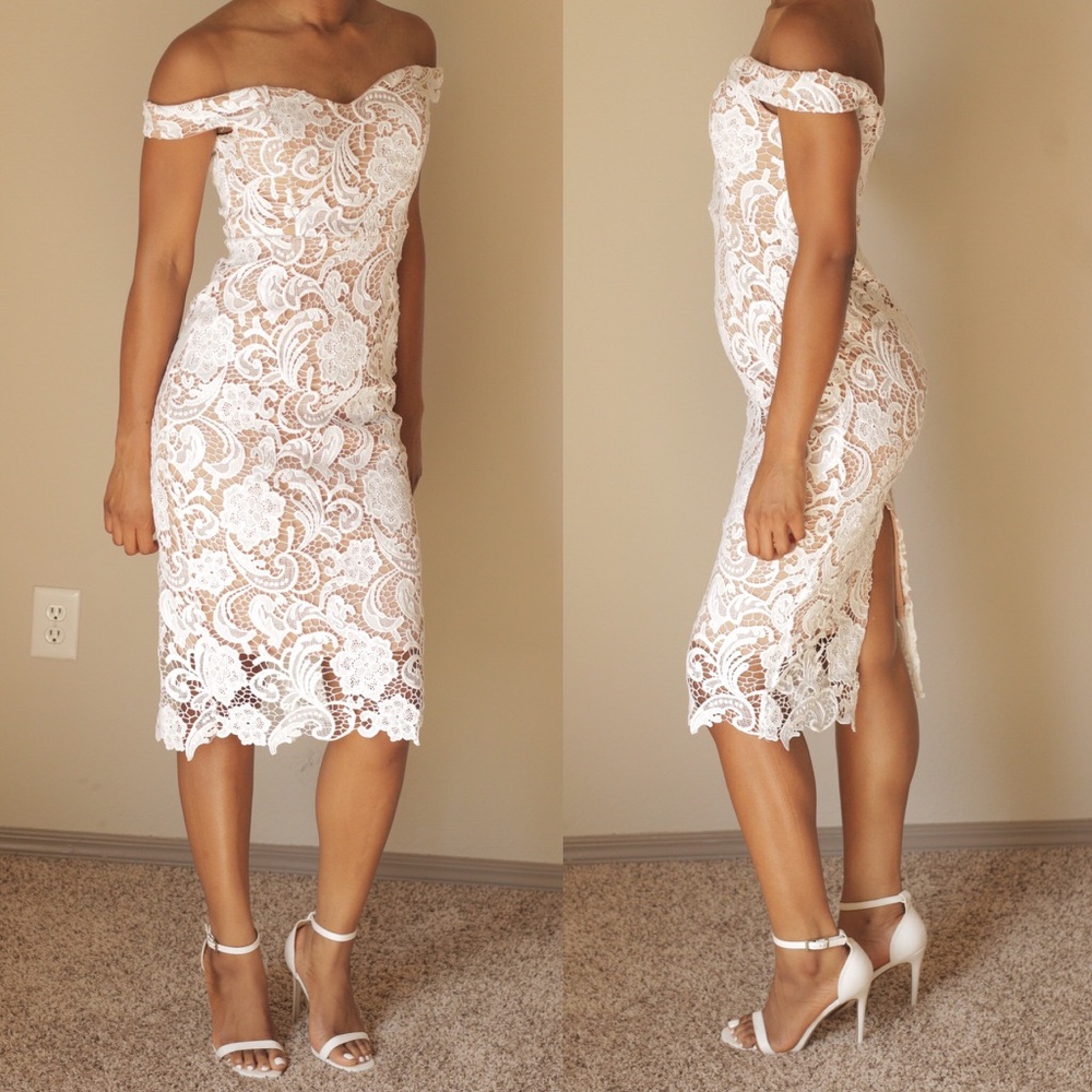 Missguided Bardot Lace Midi White Dress