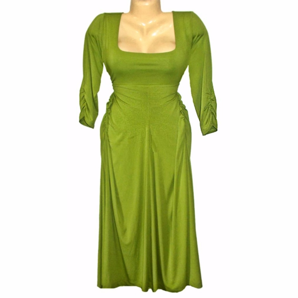 NEW Green Side Shirred 3/4 Sleeve Slinky Dress 2X