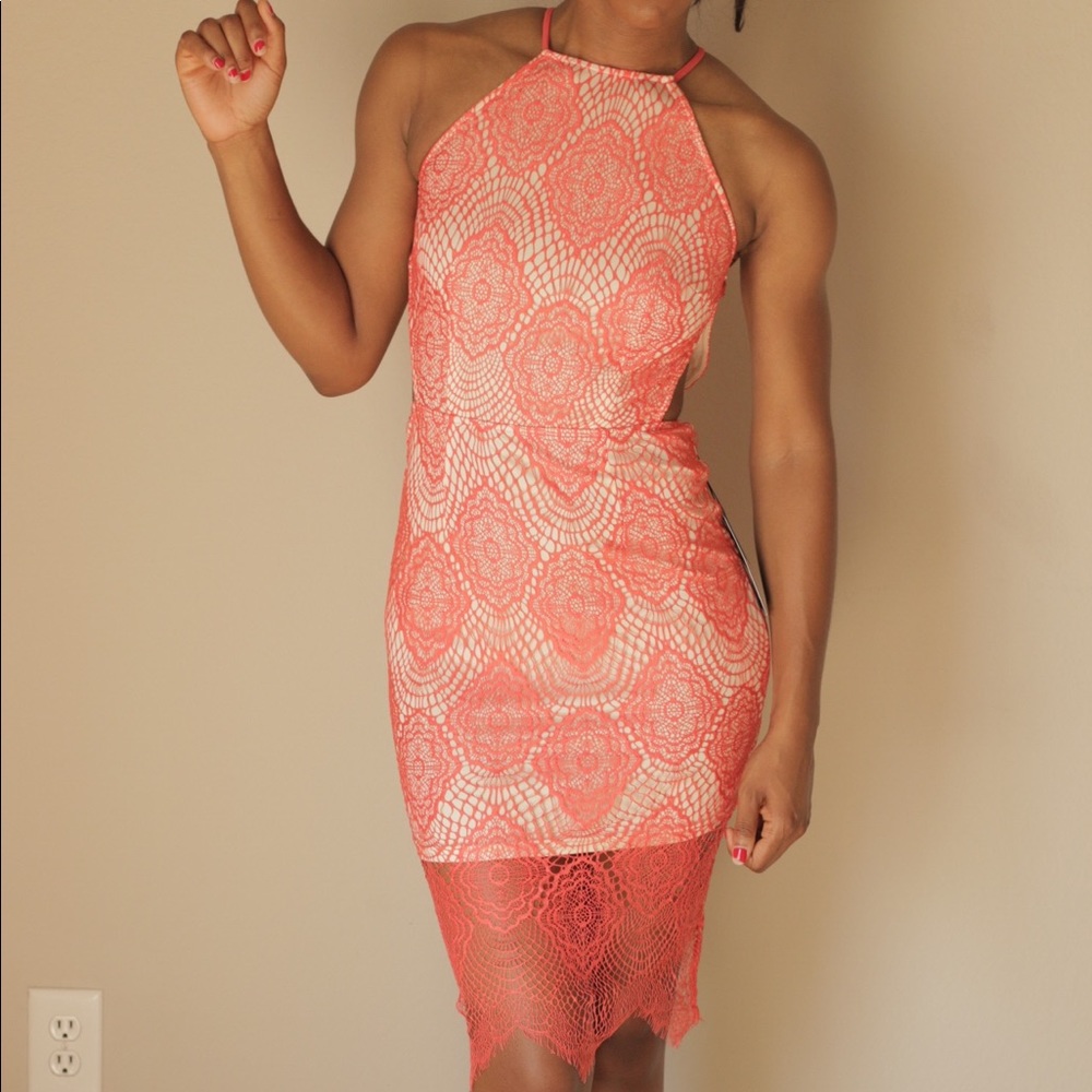 Missguided Lace Strappy Coral Midi Dress