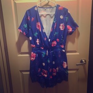 Blue Floral & Lace Romper