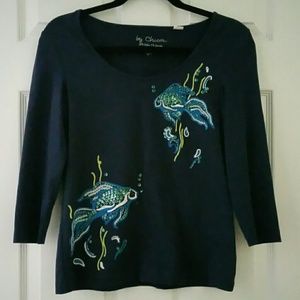 CUTE FISH & SEA 3/4 SLEEVE SCOOPNECK TOP/SHIRT EUC