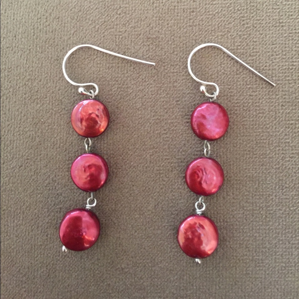 Sterling silver red glazed cultured pearls