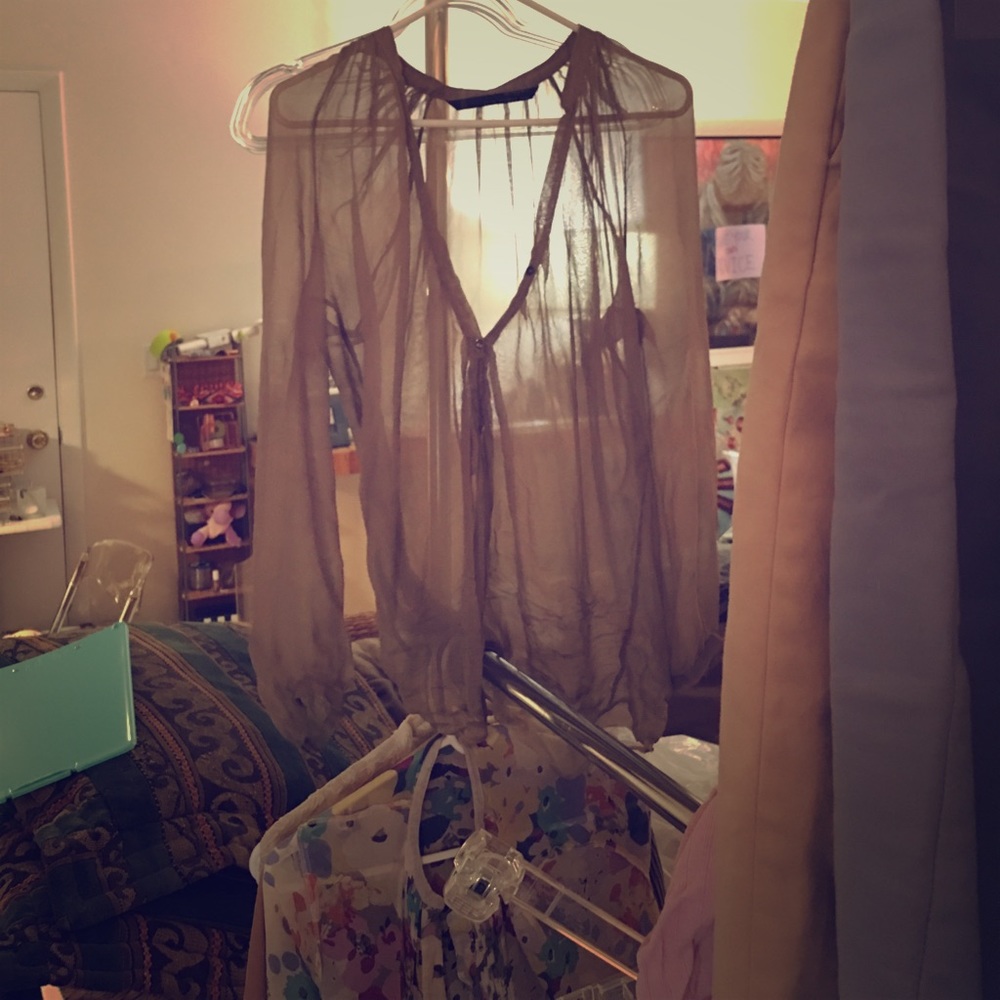 ZARA WOMAN Studio olive sheer long-sleeve blouse M