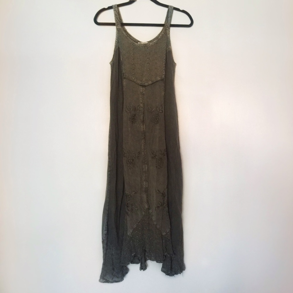 Olive Green Stitched Flowers Dress