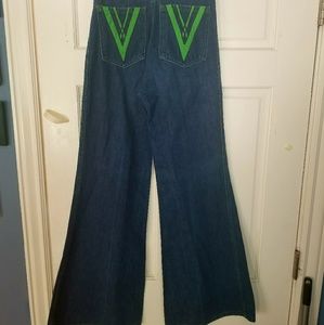 1970s Vintage High waist bell bottoms:green stitch