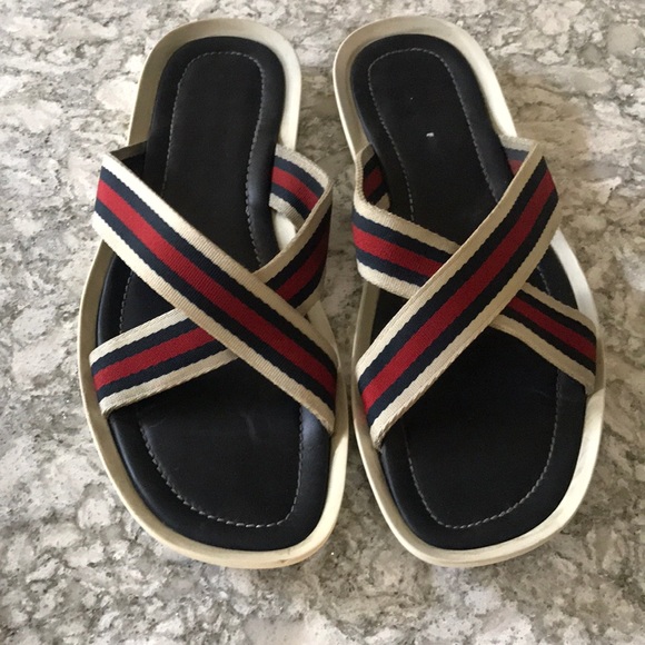 red white and blue gucci sandals