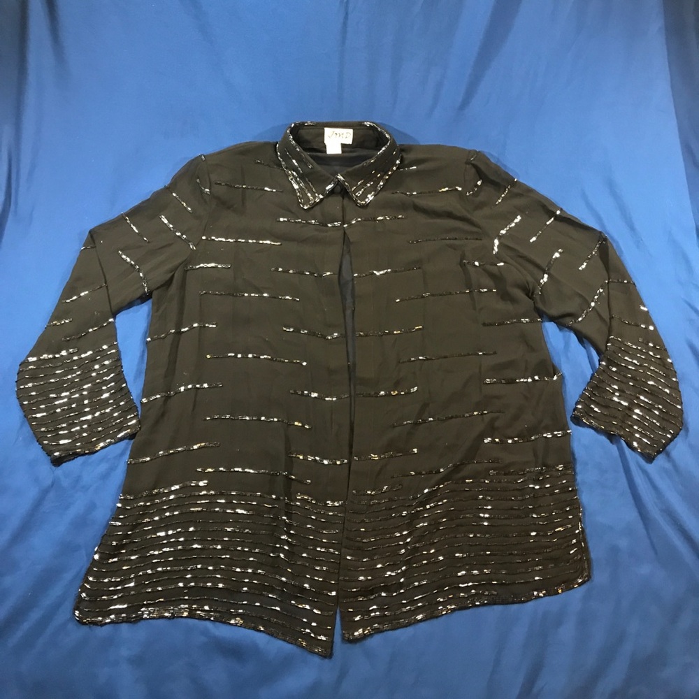 JMD NEW YORK Silky Sheer Open Front Beaded Blouse