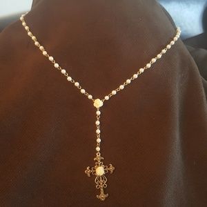 White Rose Cross Pearl Style Necklace