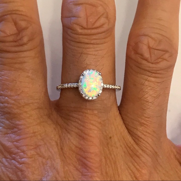 💕TOP SELLER💕 Silver White Lab Opal Ring with CZ, Silver Rings, Engagement Ring - Picture 3 of 7