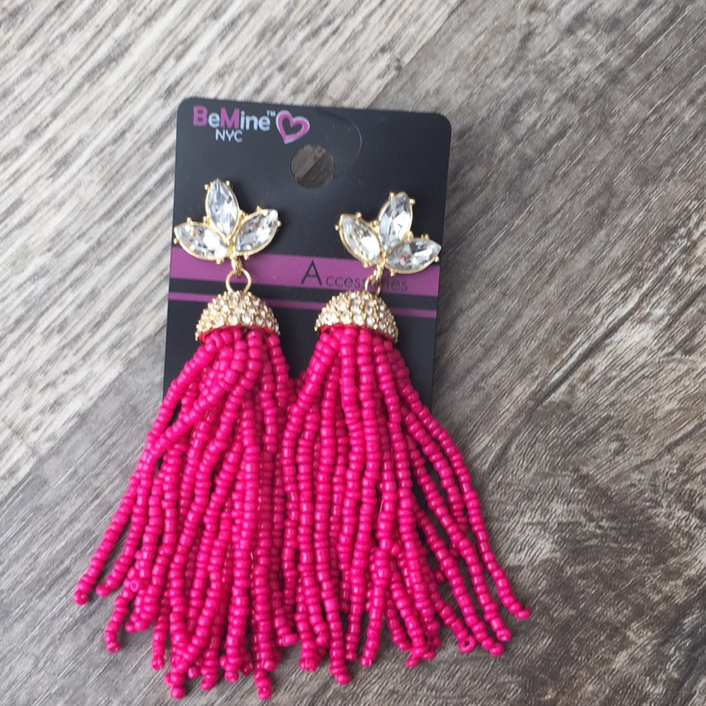 pink gold rhinestone tassel earrings beaded nwt