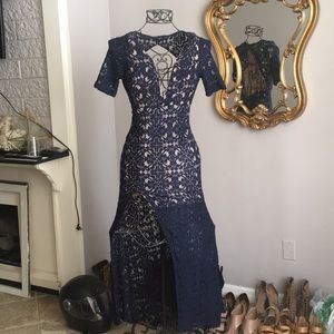 Navy blue lace evening gown