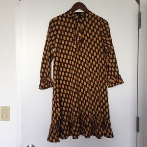 mustard pattern print ruffle dress