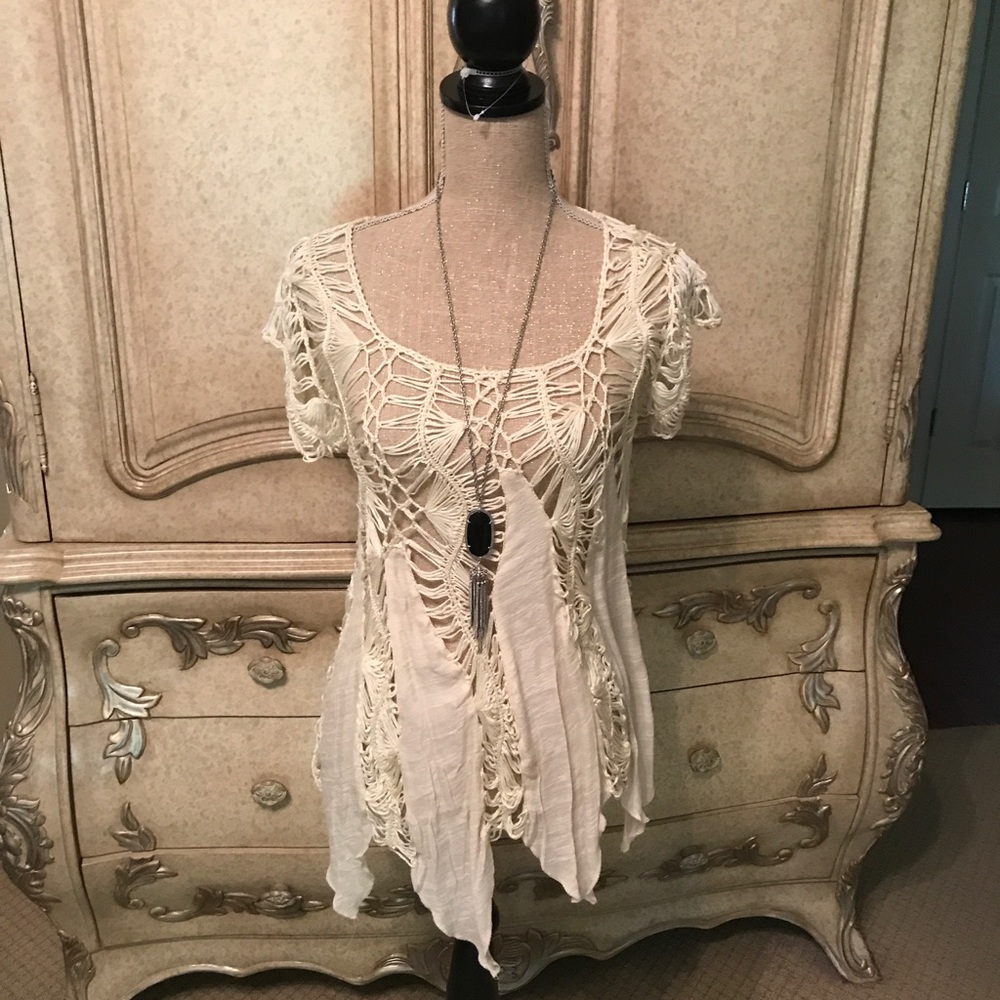 Katsumi cream crochet hanky hem overlay top S/M