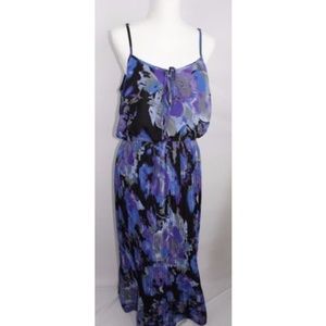 Snap Floral Pleated Black Purple Blue Maxi Dress