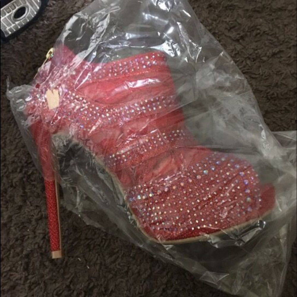 Red rhinestone and lace booties