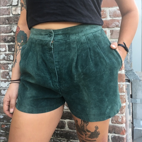 Vintage Pants - Vintage Green Suede Leather High Wasted Shorts Vintage Pants - Vintage Green Suede Leather High Wasted Shorts