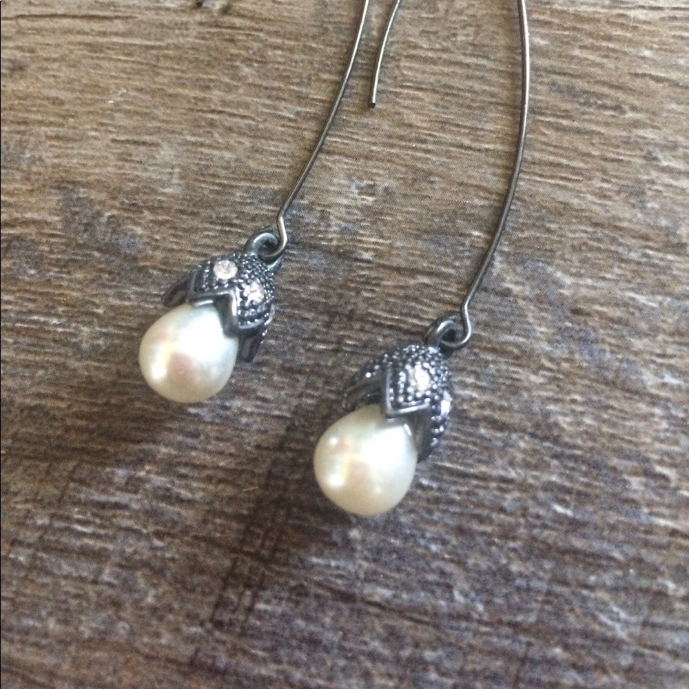 Antique French Hook Pearl and Crystal Earrings