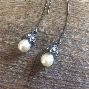 Antique French Hook Pearl and Crystal Earrings