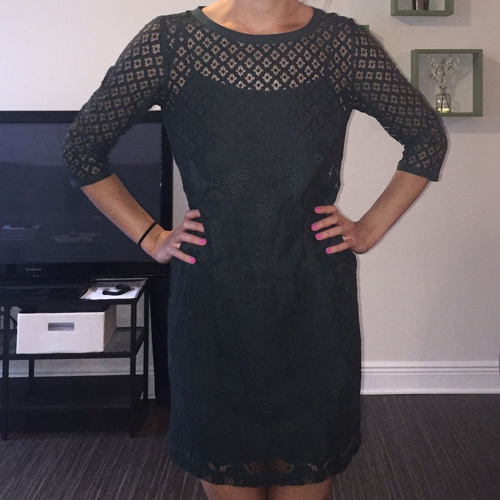LOFT Dark green Lace dress 3/4 sleeve